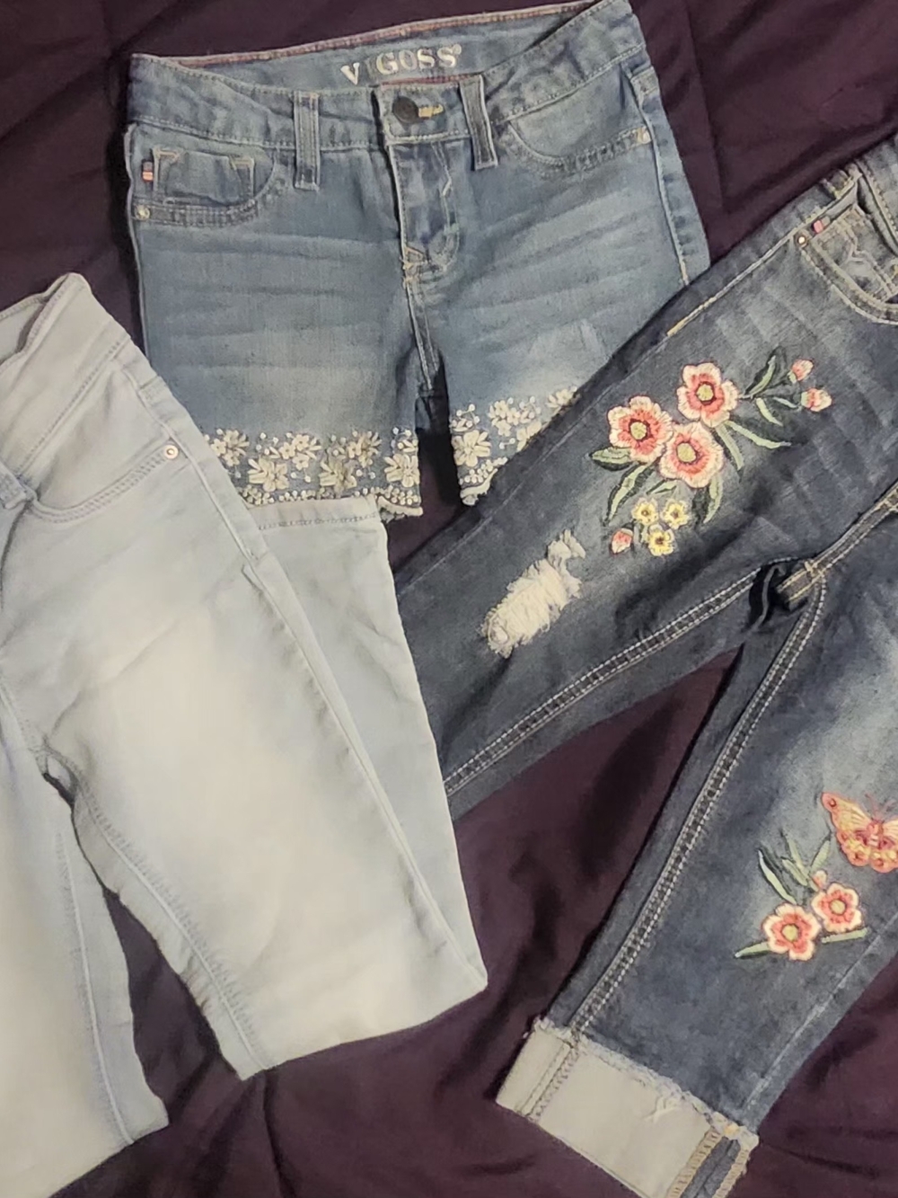 Vigoss Light & Medium Blue Floral Embroidered Girls' Jeans Trio